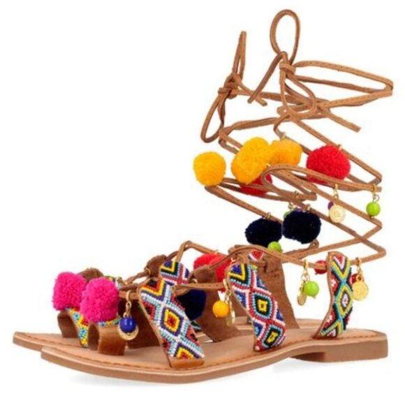 India Grace Pipa Boho Tie Up PomPom Gladiator Sandals Size 5 Sambag Charms Beach - Picture 6 of 16